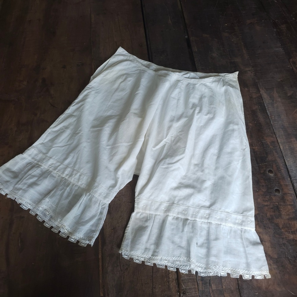 Antique Edwardian White Cotton Bloomers Lace Trim Pantaloons Victorian 1910s